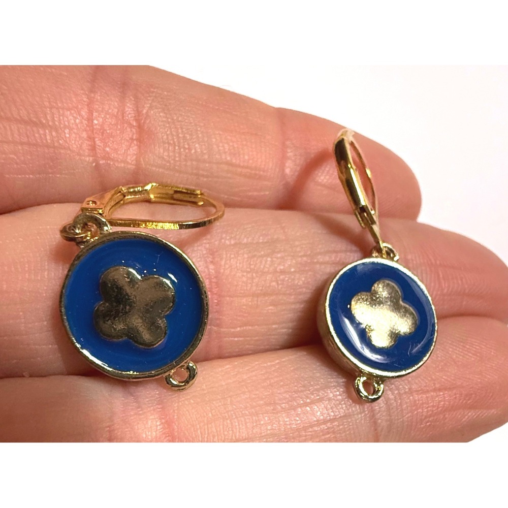 Blue Enamel Gold Tone Rhinestone Clover Reversible Leverback Drop Earrings